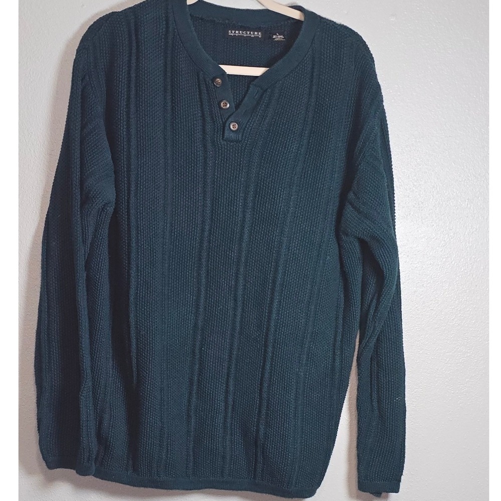 Vintage Structure Mens Teal Ramie Cotton Knit Henley Sweater Large Ribbed preppy